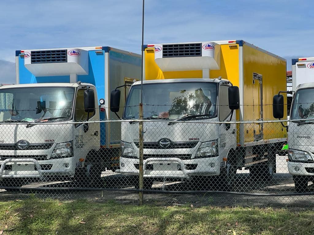 Two Hino trucks with blue and yellow refrigerated bodies